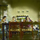 Four girls in traditional dresses painting at wooden table