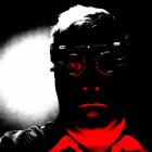 Dramatic silhouette with red-lensed futuristic goggles on dark background