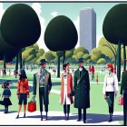 Vintage Clothing People Illustration in Park with Spherical Trees and Skyscraper