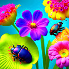 Colorful flowers and beetles on green leaves against teal backdrop