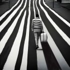 Person walking across large, striped crosswalk with suitcase in monochromatic urban scene