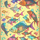 Colorful Fish Illustration Swimming in Bubbles on Yellow Gradient Background