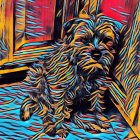 Stylized painting of small dog on patterned floor against vibrant background