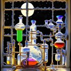 Colorful liquids in glass chemistry apparatus against night sky with moon.