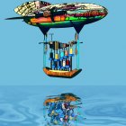 Colorful floating ship with appendages reflecting on water.