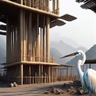 Great Egret by Bamboo Scaffolding with Mountainous Background