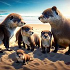 Otter family on sandy beach at sunset with ocean background.