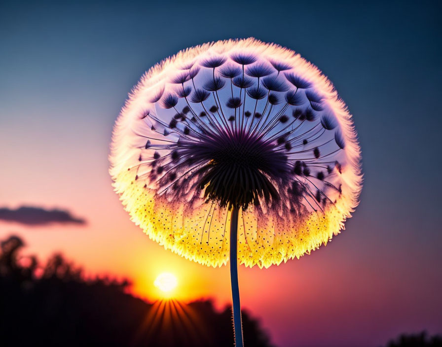 Silhouetted Dandelion Seed Head at Sunset in Orange and Blue