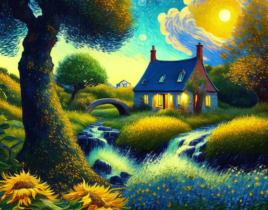 Cozy cottage by stream with sunflowers and starry night sky