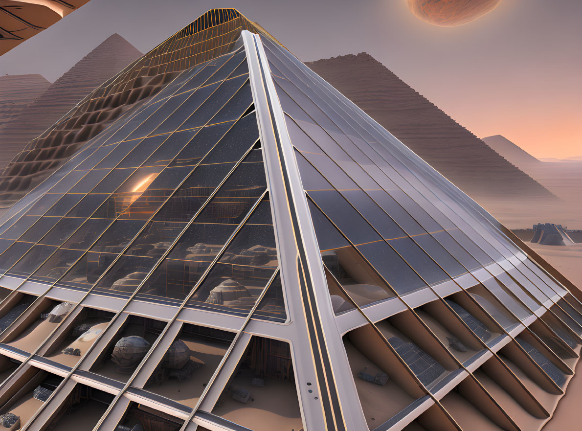 Modern skyscraper with triangular facade in desert setting with pyramids and planetscape.