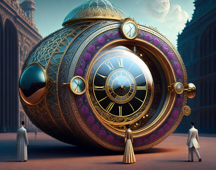 Three figures in robes gaze at colossal pocket watch in surreal cityscape