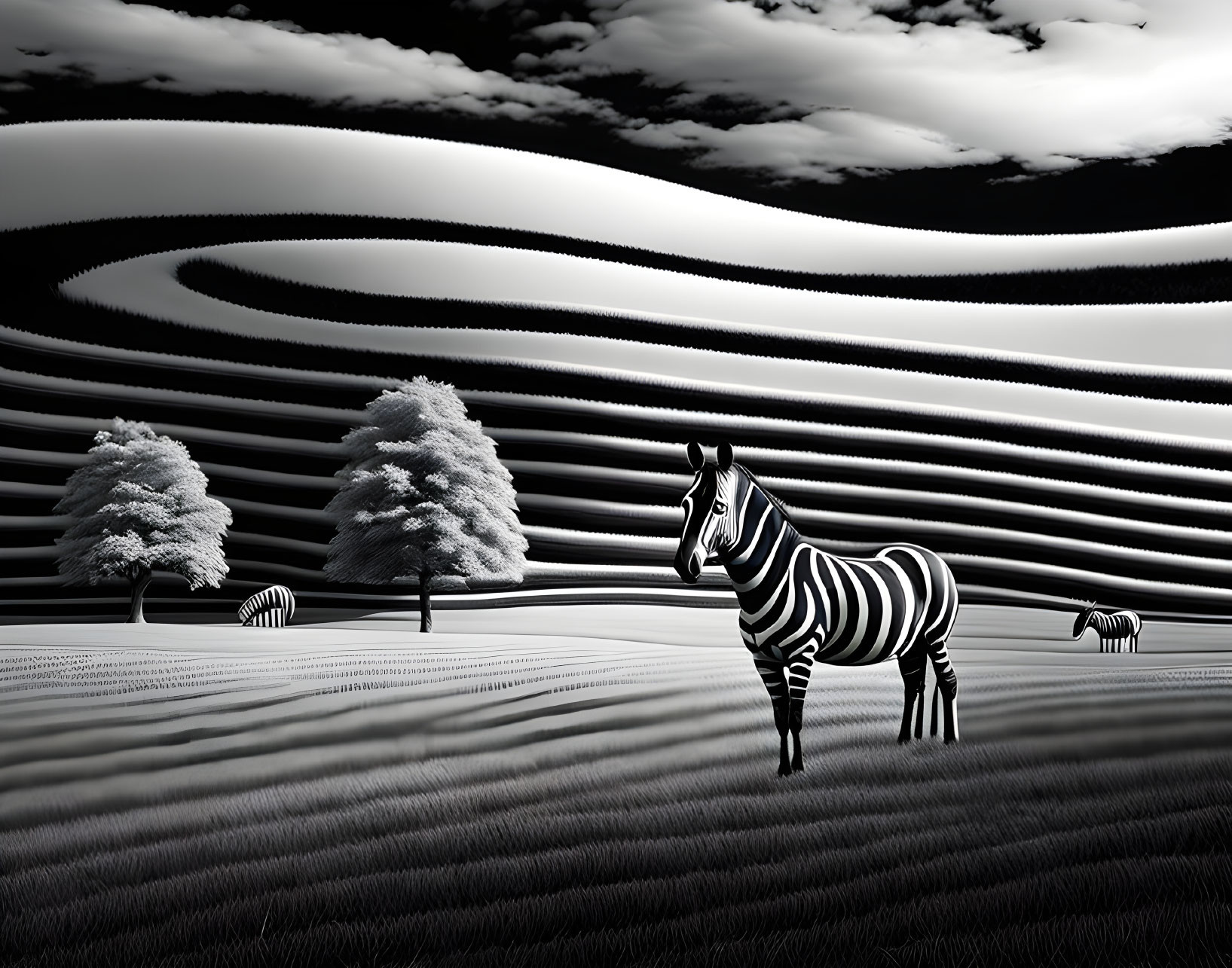 Monochrome art: Zebras in striped landscape with stylized trees