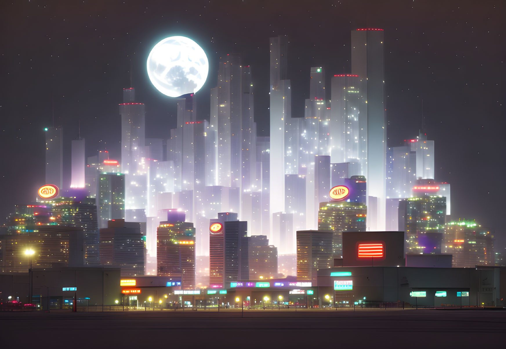 Futuristic nighttime cityscape with illuminated skyscrapers and large moon