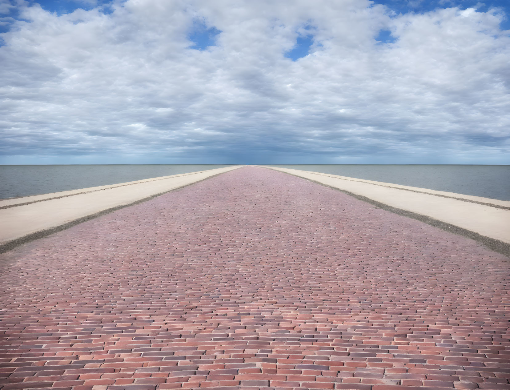 Straight Narrow Brick Causeway Over Tranquil Blue Waters