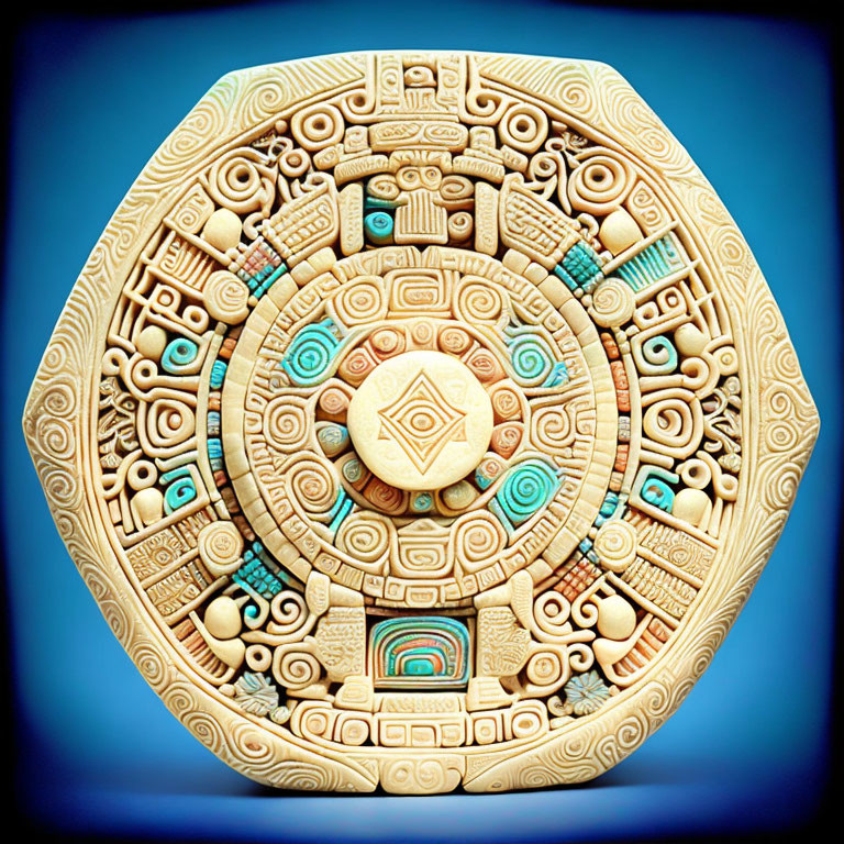 Circular Aztec calendar with intricate stone carvings in beige and turquoise on blue background