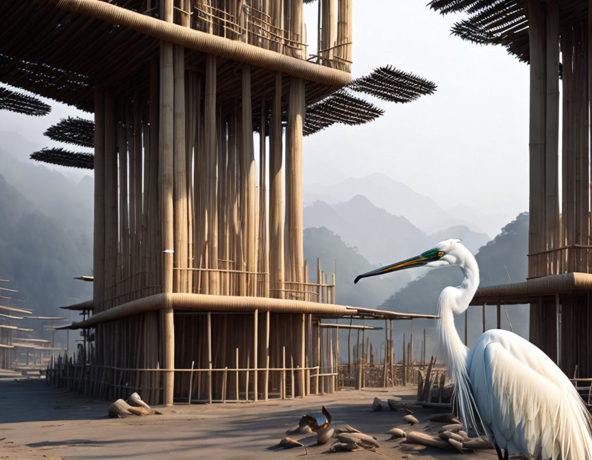 Great Egret by Bamboo Scaffolding with Mountainous Background