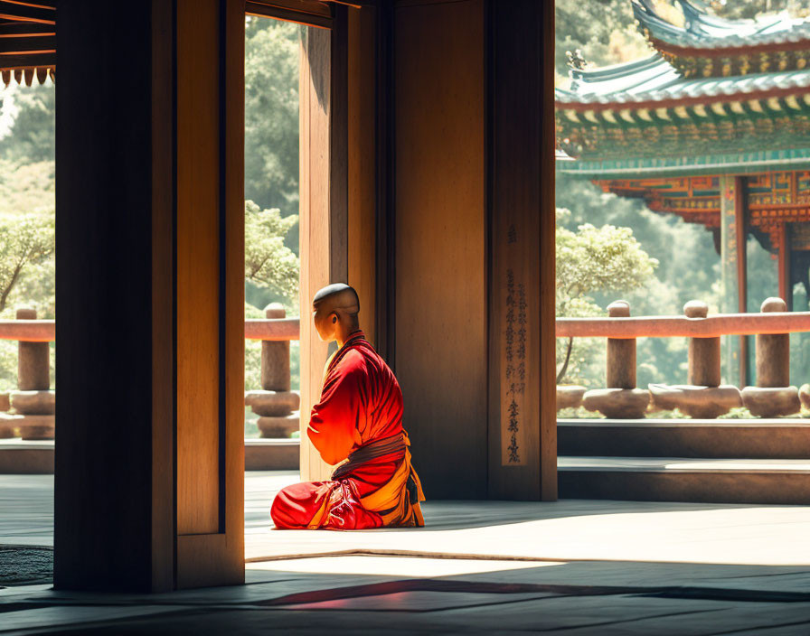 Monk in red robes meditating at temple doorway in sunlight