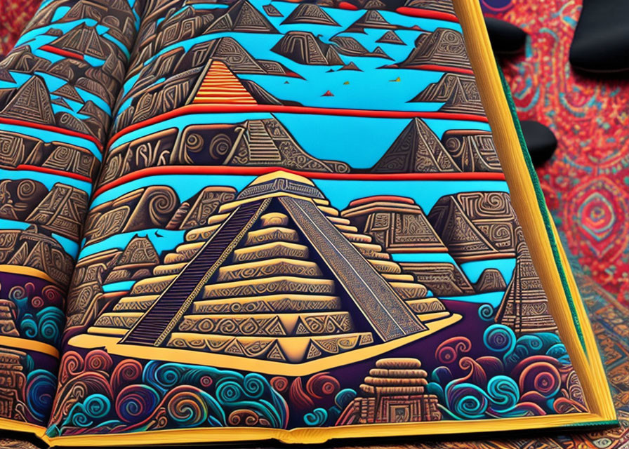 Colorful Psychedelic Pyramid Illustration with Book and Abstract Patterns