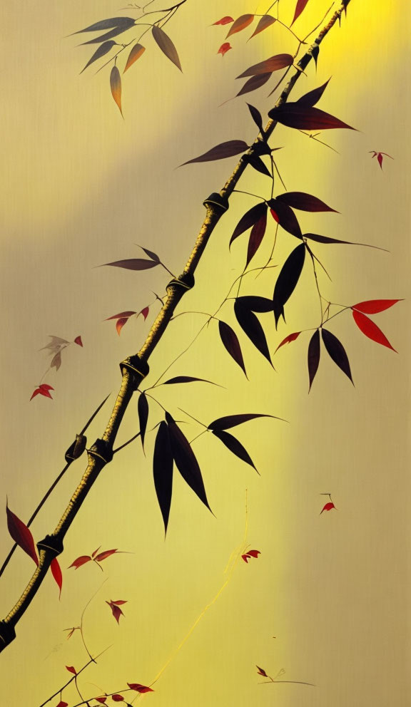 Slender bamboo stalk with green and red leaves on golden backdrop