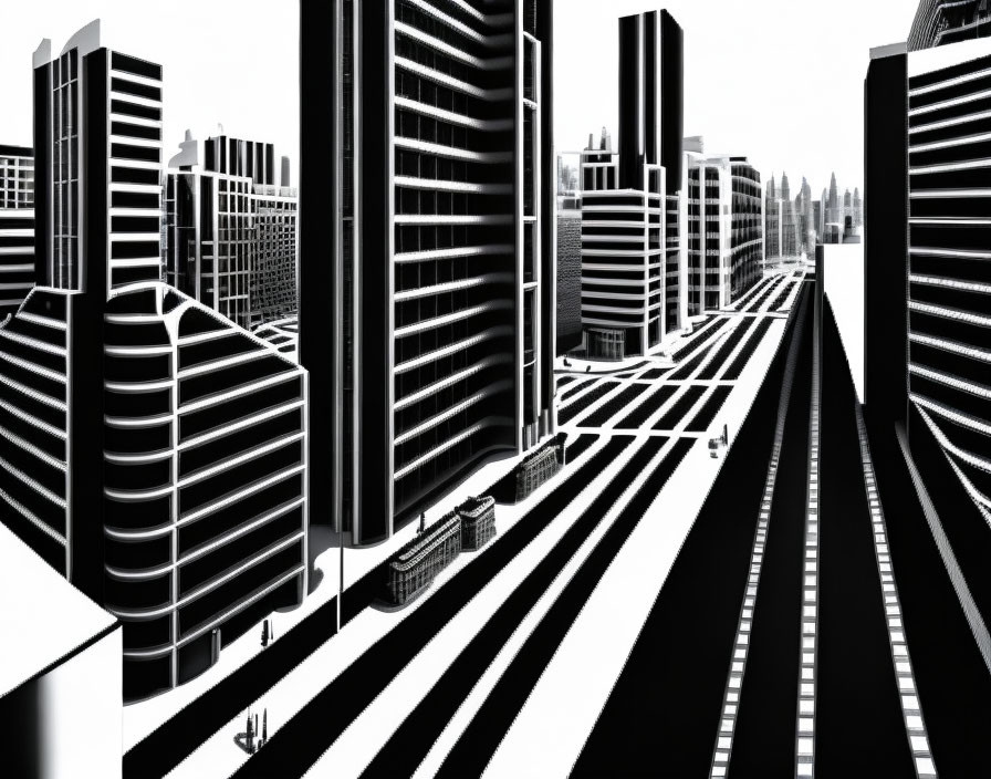 Monochrome cityscape art with stylized skyscrapers and zebra patterns