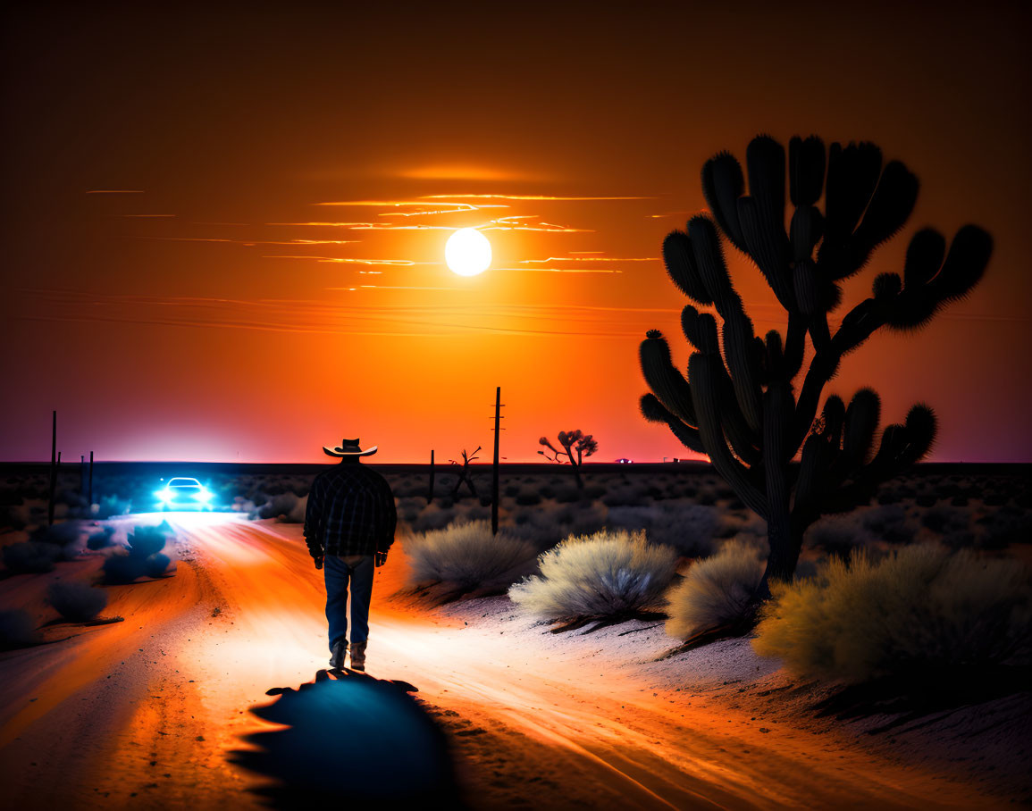 Person on desert road at sunset with cactus and approaching car.