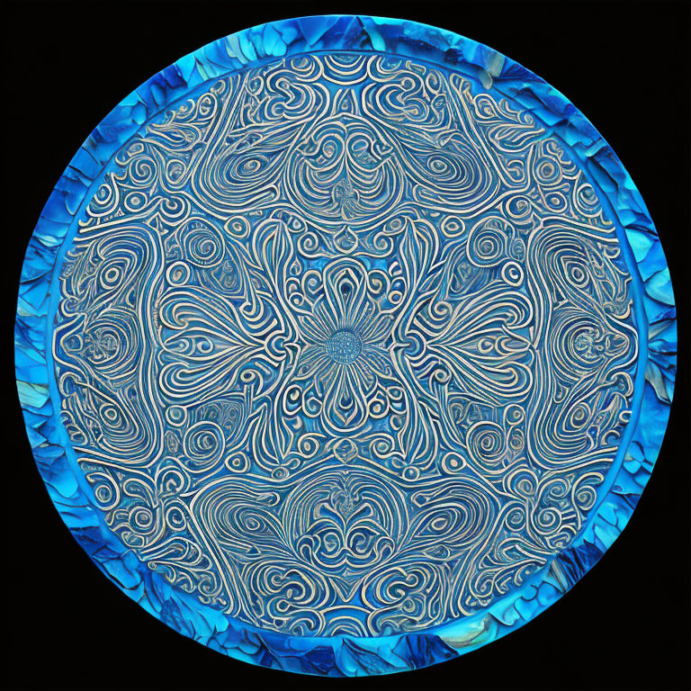 Intricate Blue and White Swirl Mandala Pattern on Dark Background