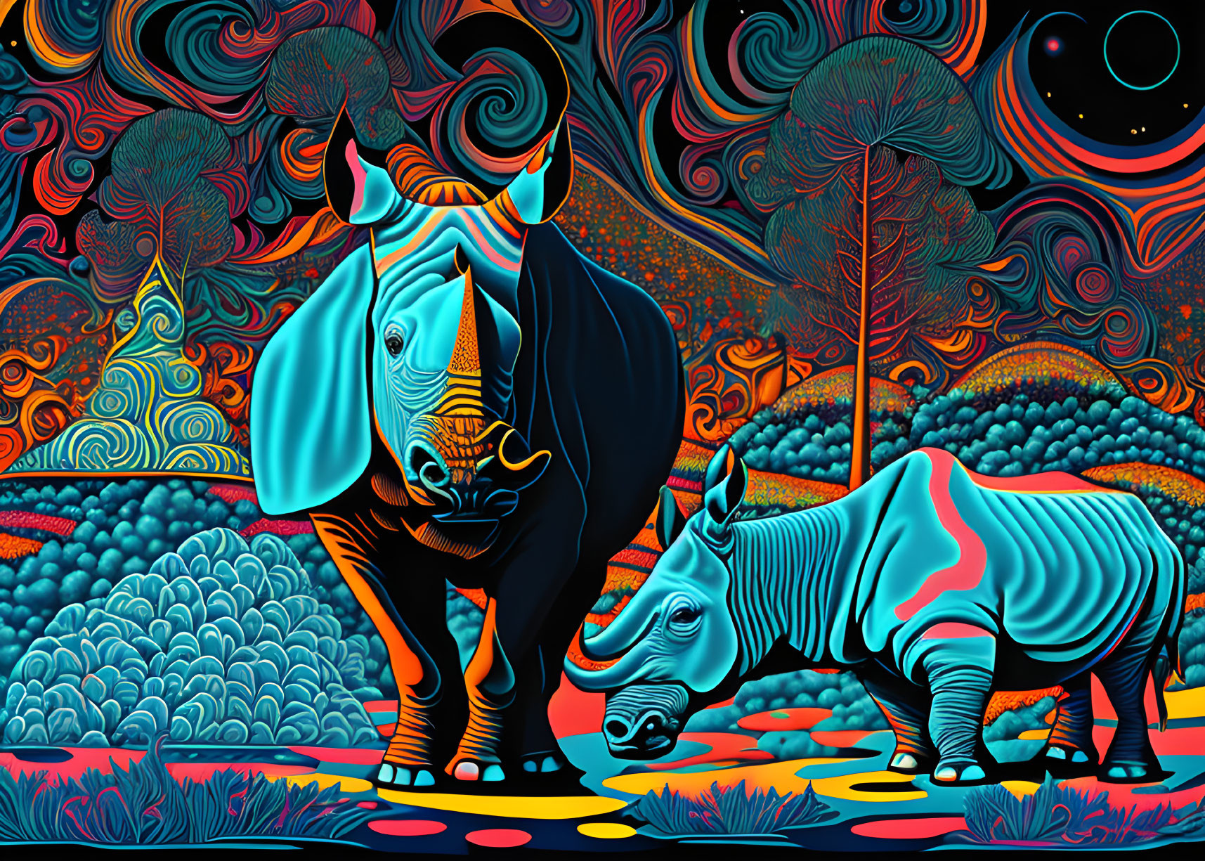 Colorful Psychedelic Rhino Illustration with Swirling Background