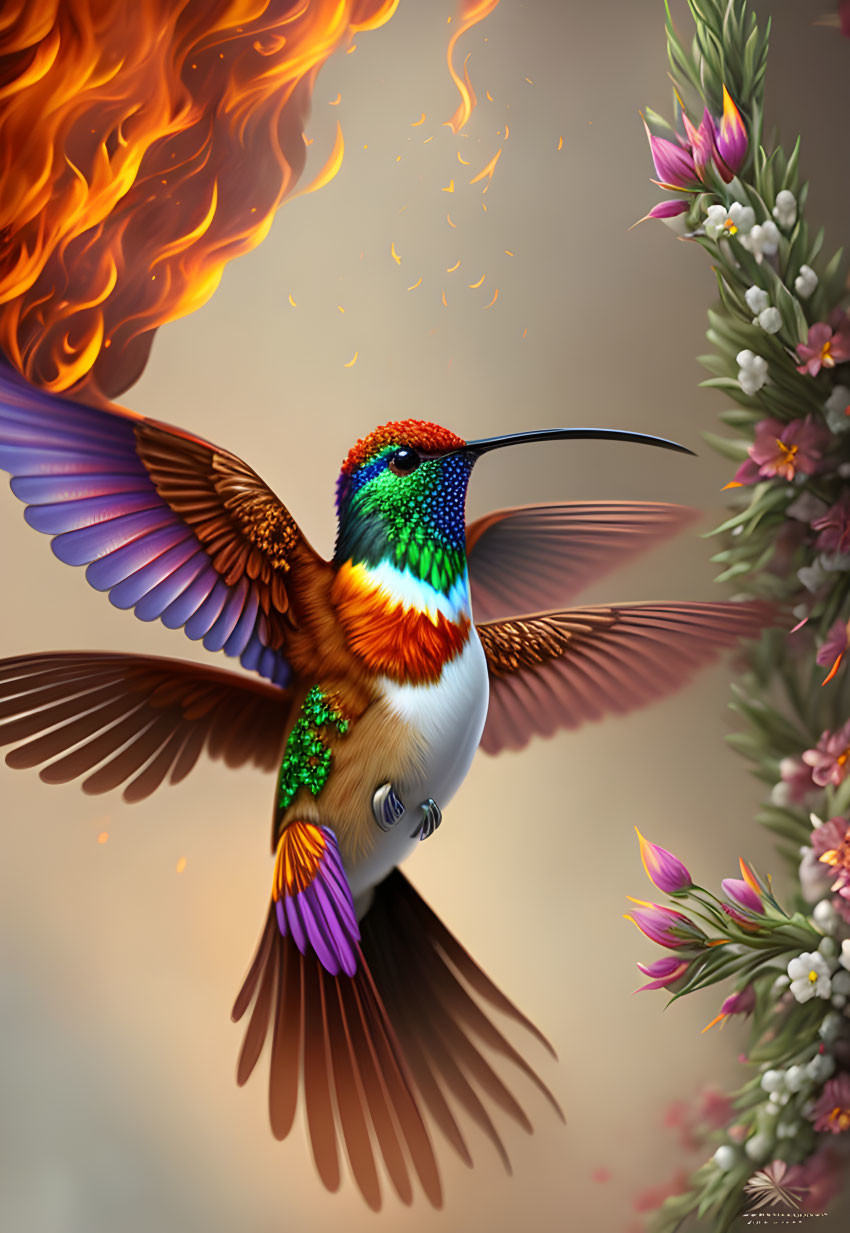 Colorful digital artwork: Hummingbird with fiery wings and iridescent feathers among pink flowers and