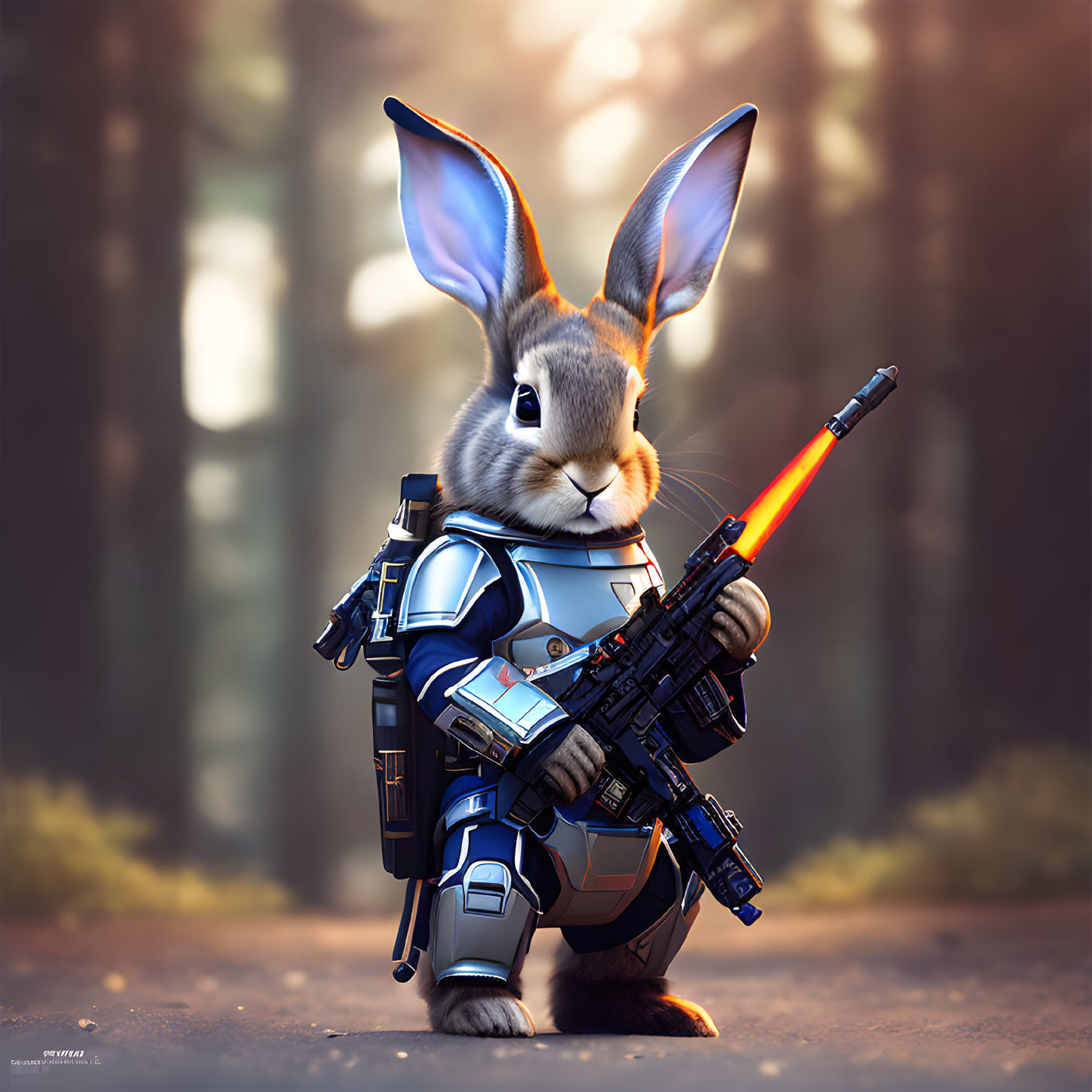 Futuristic armored rabbit with glowing red sight in ethereal forest