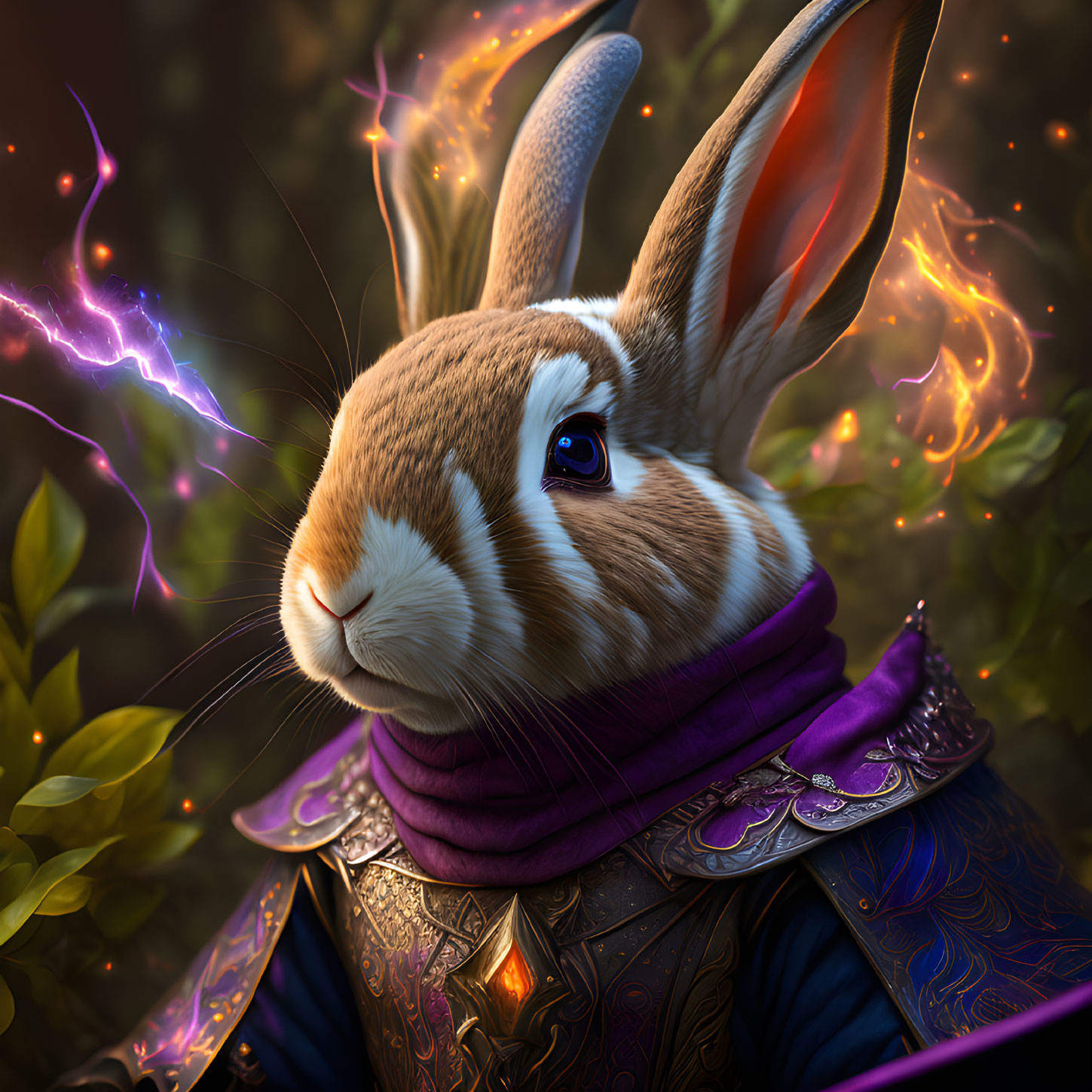 Fantasy rabbit in armor with purple scarf among mystical elements