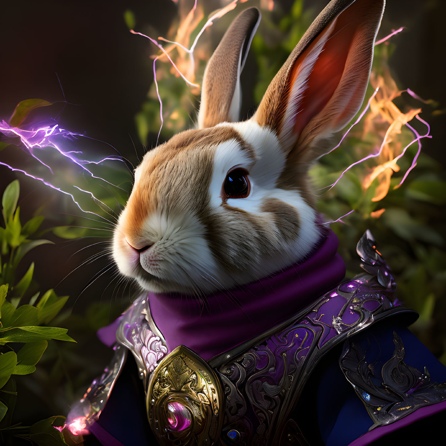 Fantasy rabbit in ornate armor with purple and gold details amid magical energy and greenery.