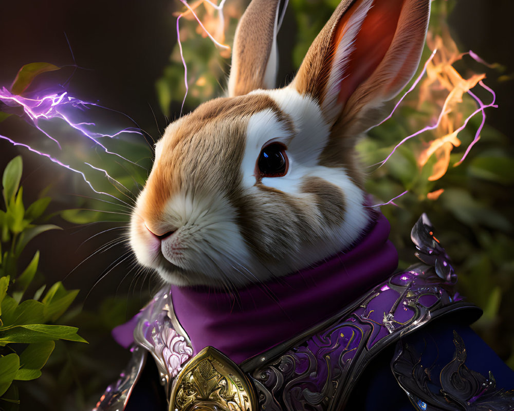 Fantasy rabbit in ornate armor with purple and gold details amid magical energy and greenery.