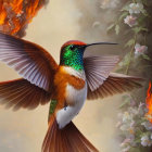 Colorful digital artwork: Hummingbird with fiery wings and iridescent feathers among pink flowers and