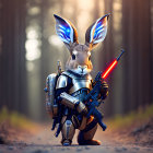 Futuristic armored rabbit with glowing red sight in ethereal forest