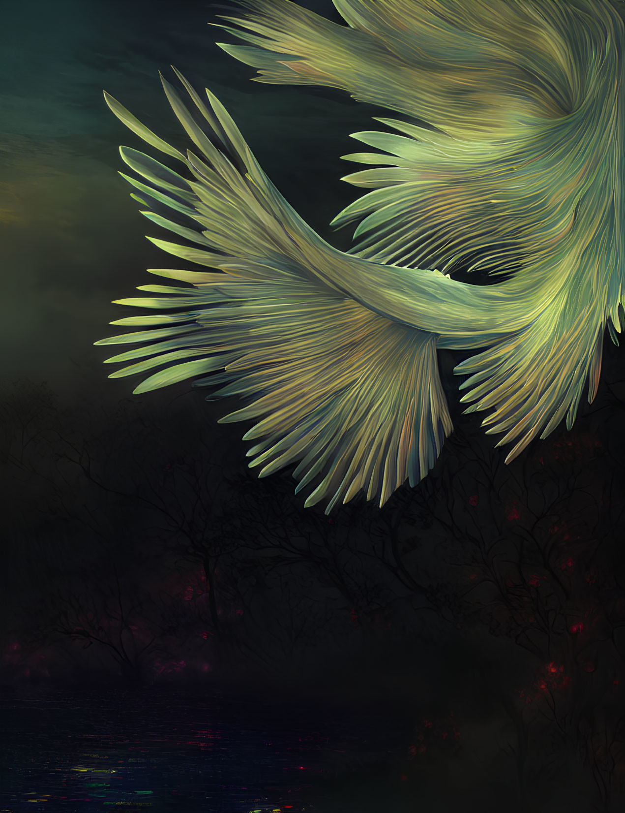 Angelic wings glowing in dark forest with red lights and reflective water