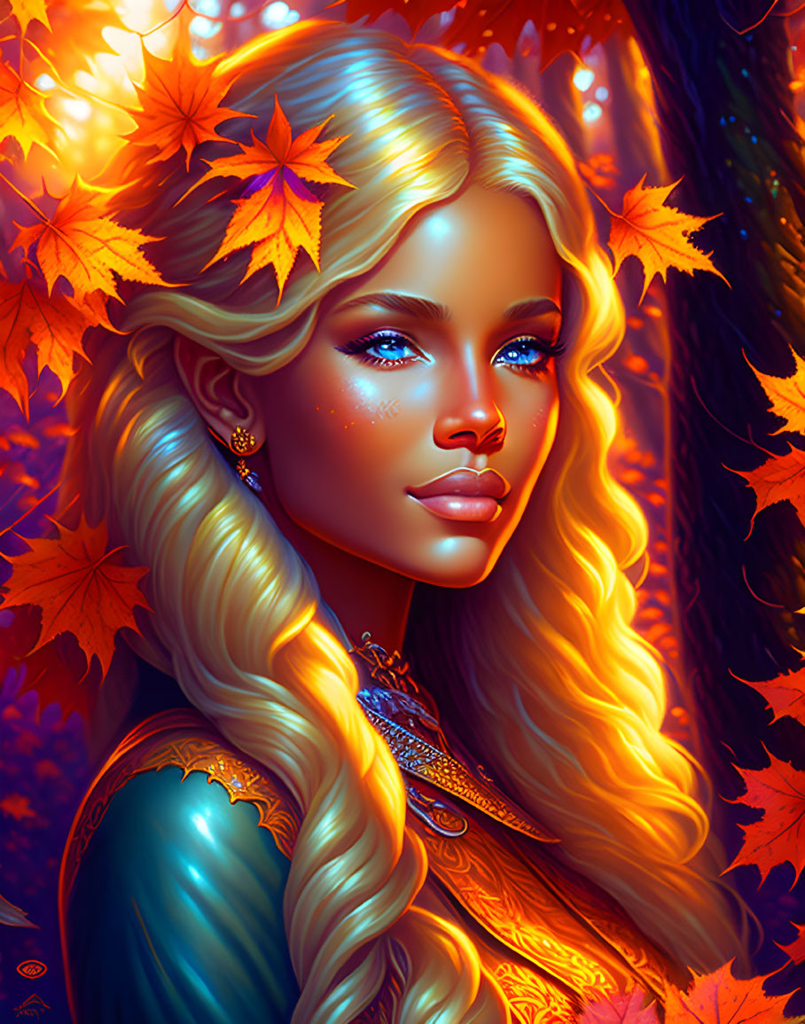 Blonde Woman Surrounded by Autumn Leaves in Digital Art