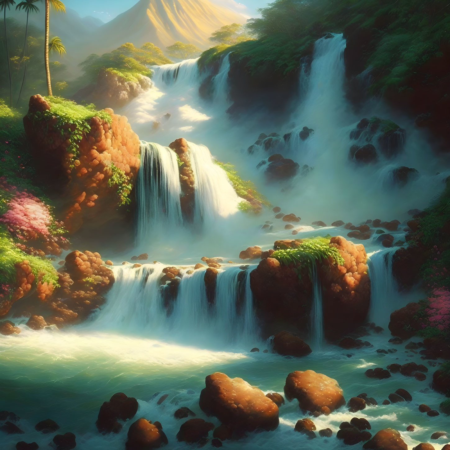 Tranquil Waterfalls in Lush Greenery with Mountain Backdrop