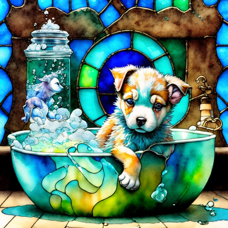 Colorful Puppy Bubble Bath Illustration with Rubber Duck and Stained Glass Window Background