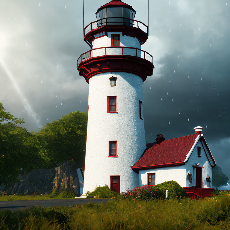 White lighthouse with red trim on grassy shoreline in stormy weather with small house and rain.