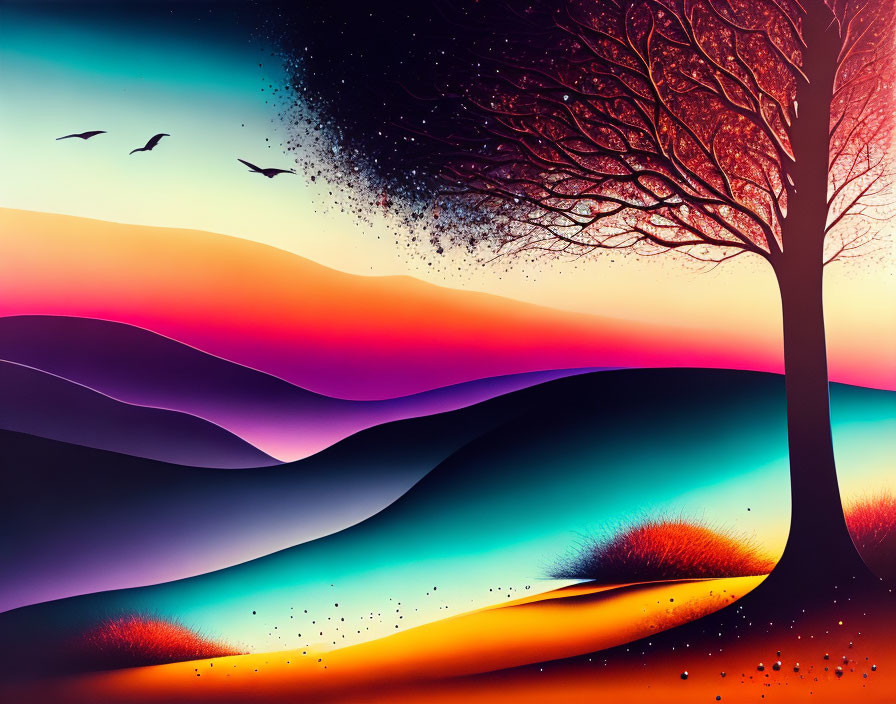 Vibrant digital artwork of lone tree against twilight sky gradient