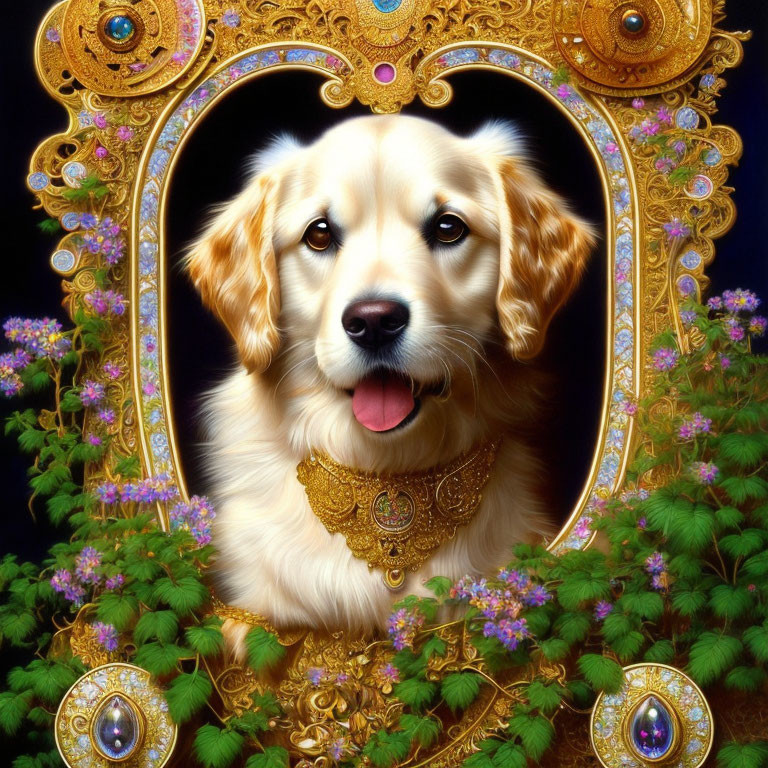 Golden retriever head framed by ornate mirror with jewels and flowers on black background