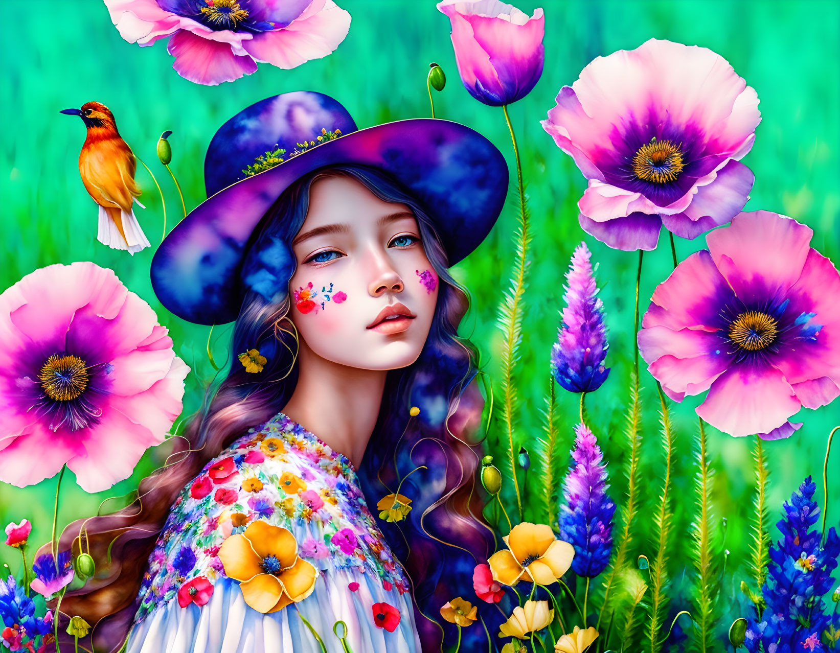 Colorful illustration of girl with long hair in floral dress and hat among flowers and bird