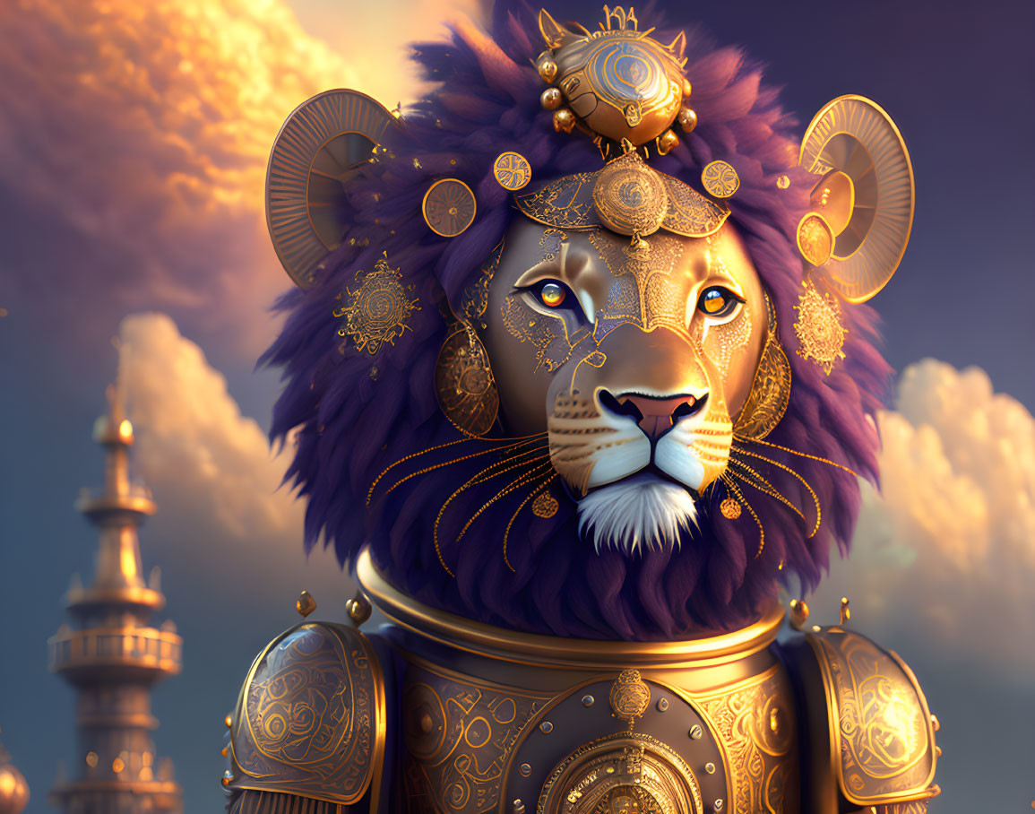 Regal anthropomorphic lion in golden armor against fantasy skyline