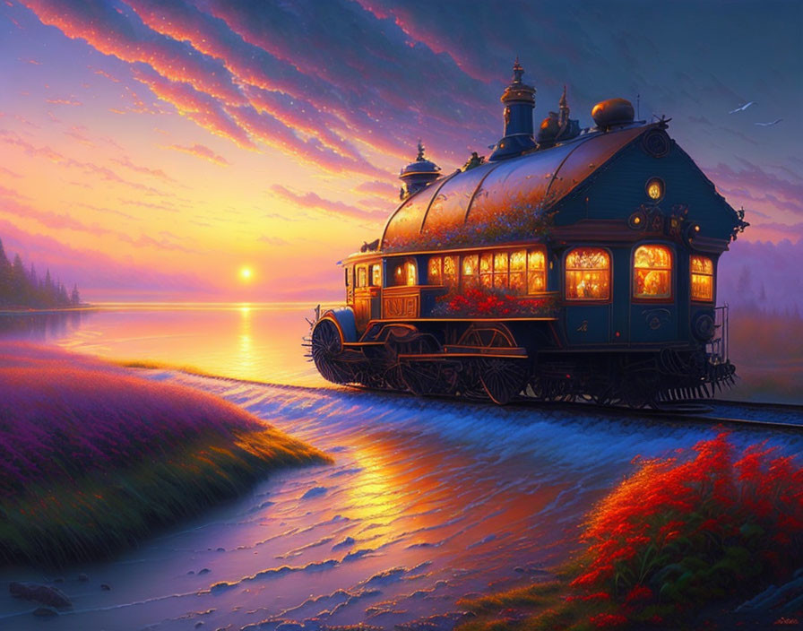 Vintage-Style Train Traveling Riverside at Sunset