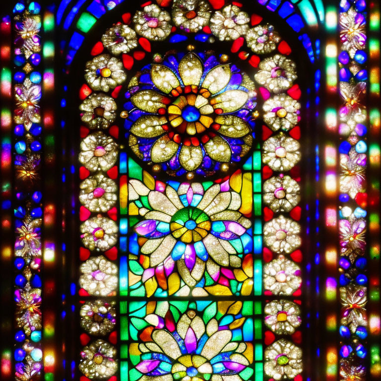 Vibrant stained glass window with floral and geometric designs