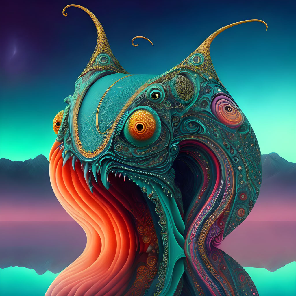 Colorful surreal creature with horns in mountainous twilight scene