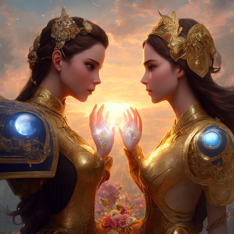 Identical female figures in golden armor holding glowing element at sunset