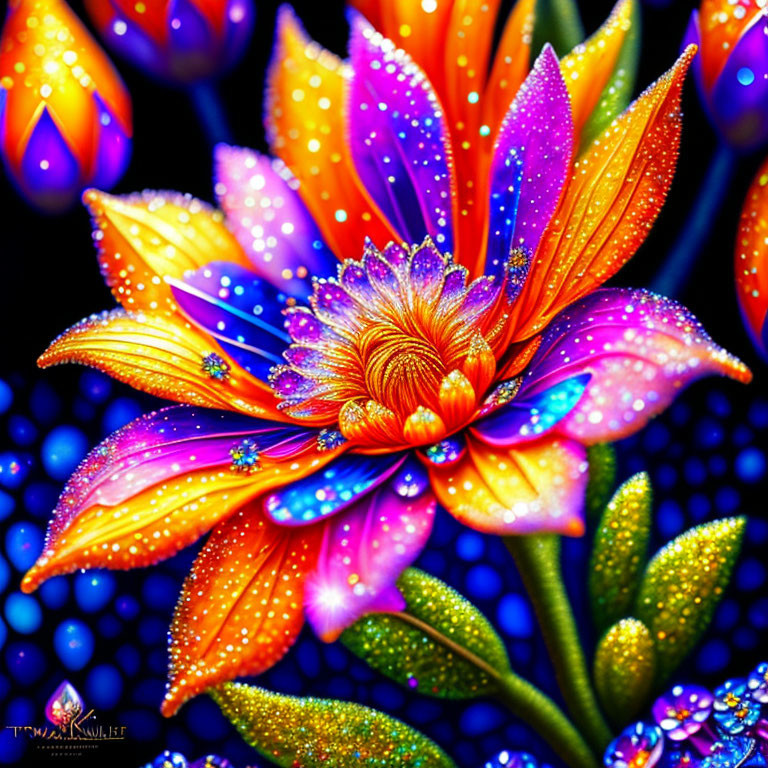 Colorful Glittering Flower Artwork with Neon Hues