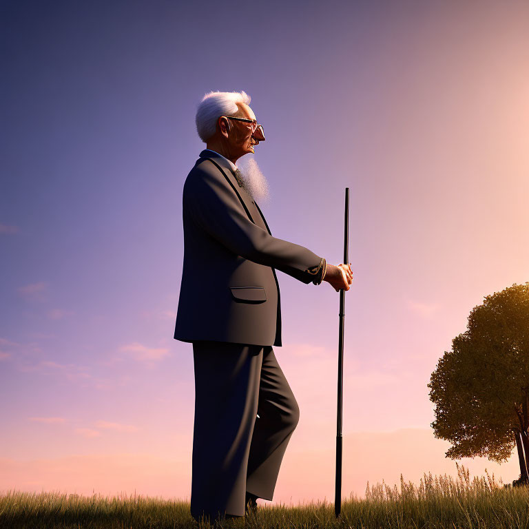 White-haired elderly man in suit and glasses leans on stick in field at sunset