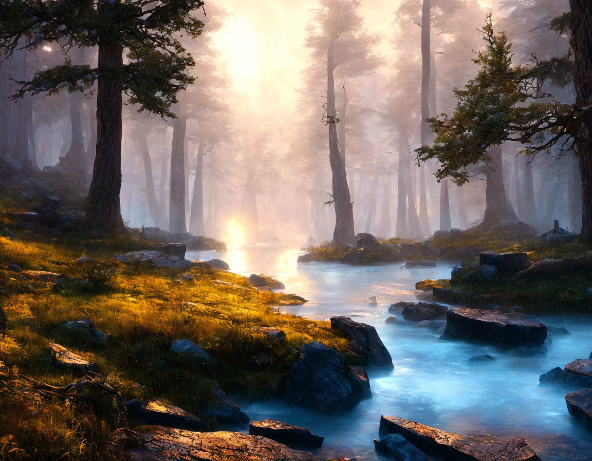 Tranquil forest landscape with glowing sun, mist, stream, and stones